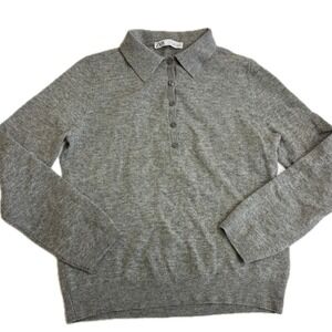 ZARA Sweater Womens Large Grey Wool Blend Long Sleeve Collared Button Up